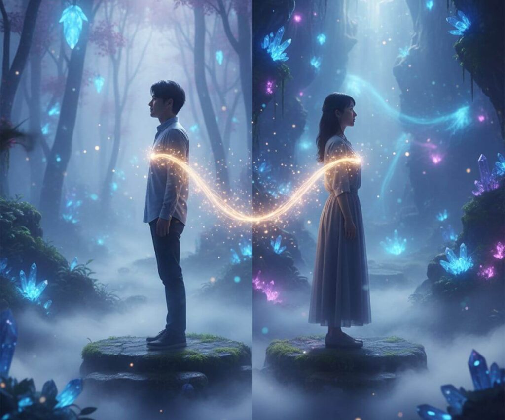 ツインレイのサイレント期間を表現するカップルが背中合わせで離れて立っている情景