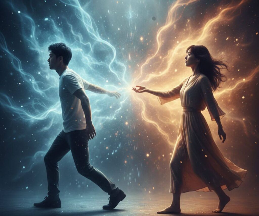 ランナーとチェイサーの心理を象徴する二つの方向を向く横顔のシルエット