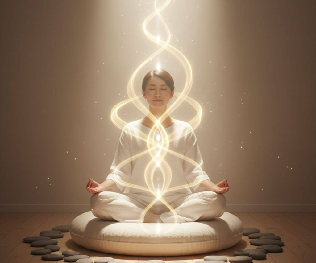 親のカルマの解消と癒しを象徴する瞑想する女性と穏やかな光の空間