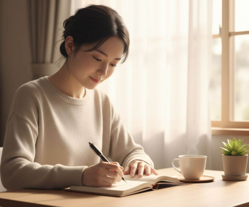 インナーチャイルドの癒しを実践する女性がノートに感情を書き出している様子