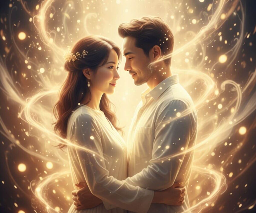 魂の統合を果たしたツインレイの無条件の愛を表現するカップルが柔らかな光に包まれている様子
