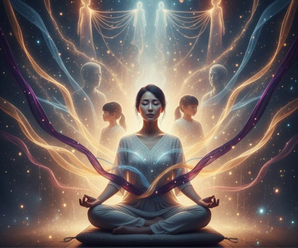 ツインレイと親のカルマの癒しを表現する黄金の光に包まれた瞑想する女性