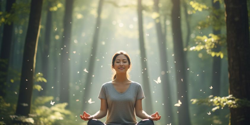 執着を手放し心の平穏を取り戻した女性の瞑想と精神的成長のイメージ