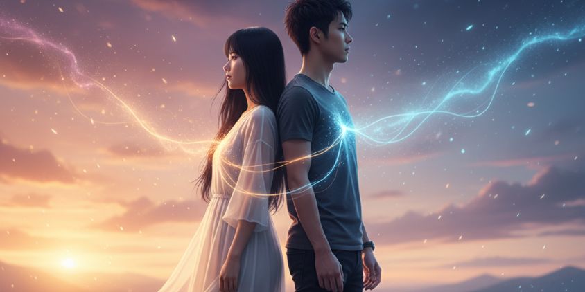 背中合わせに立つツインレイのカップルと魂の繋がりを表す光のイメージ