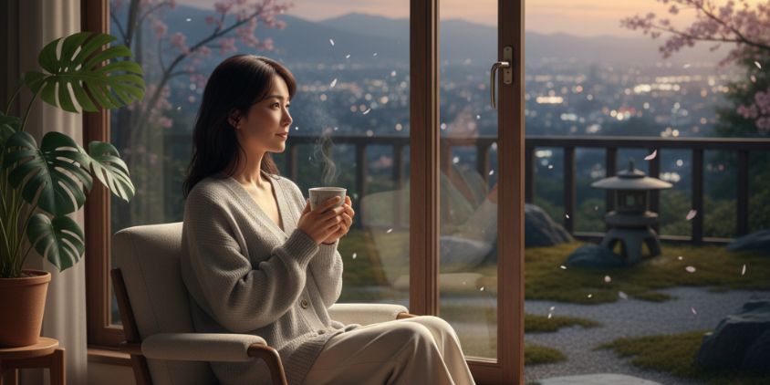 窓辺で物思いにふけるアジア人女性、別れと成長の時期を表現