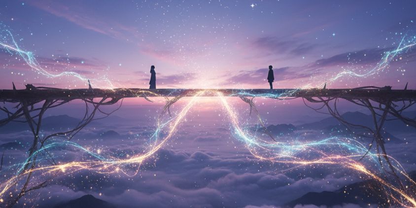 霧の橋で離れて立つツインレイのシルエット、サイレント期間を象徴