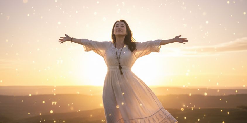 朝日を浴びて両手を広げる女性、執着を手放し自由を得た姿