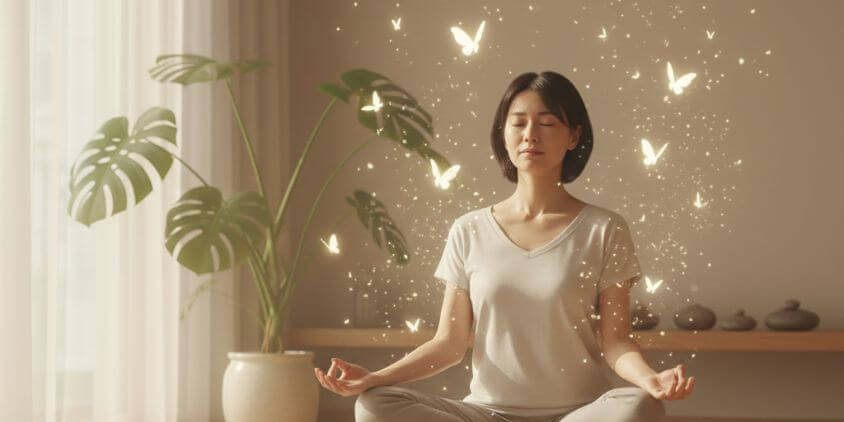 瞑想する女性と執着を手放すイメージ、精神的自立を表現