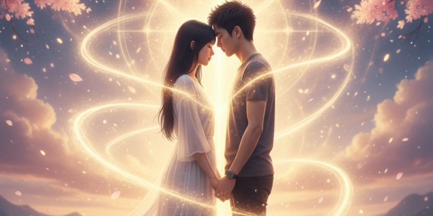 魂の統合を果たしたツインレイのカップル、神聖な光に包まれる二人