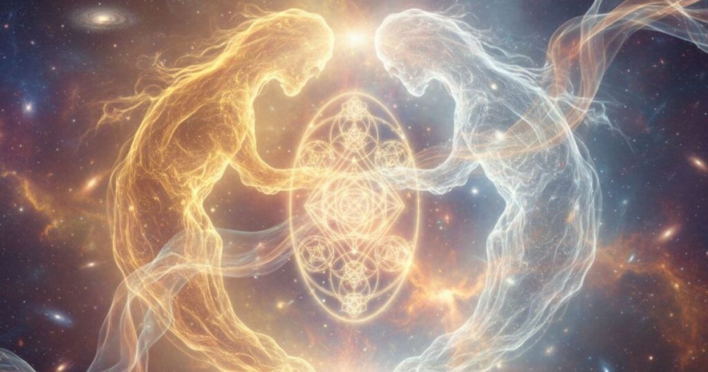 ツインレイの魂の統合を象徴する光と繋がりのスピリチュアルイメージ