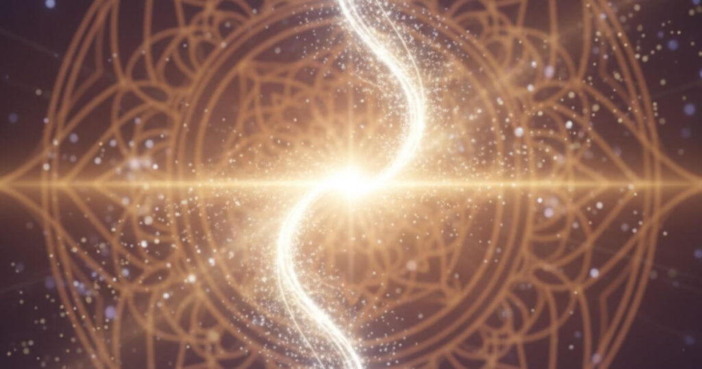 二つの魂が一つになる統合プロセスを表現した光の融合イメージ