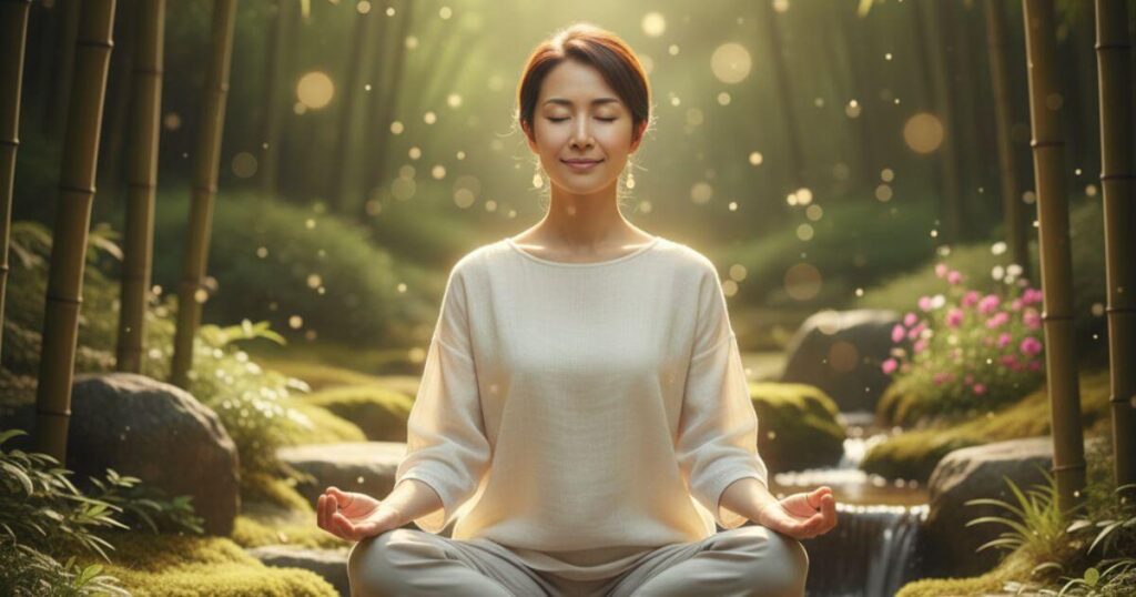 サイレント期間を経て自己愛を確立した女性が瞑想する穏やかな情景