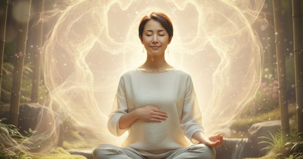 自己愛と女性性を癒すために自然の中で瞑想する日本人女性の穏やかな姿