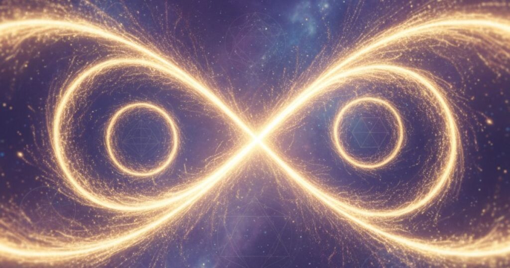 偶然の出会いを象徴する神秘的な光の軌跡と二つの魂のエネルギーが交差する様子