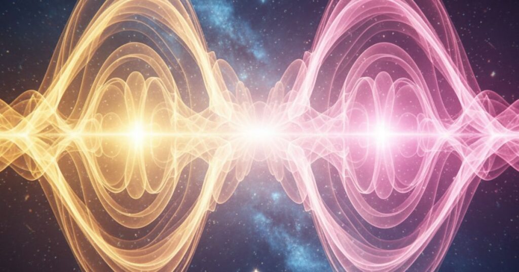 ツインレイの波動共鳴を表現した抽象的なエネルギーフィールドと光の波紋