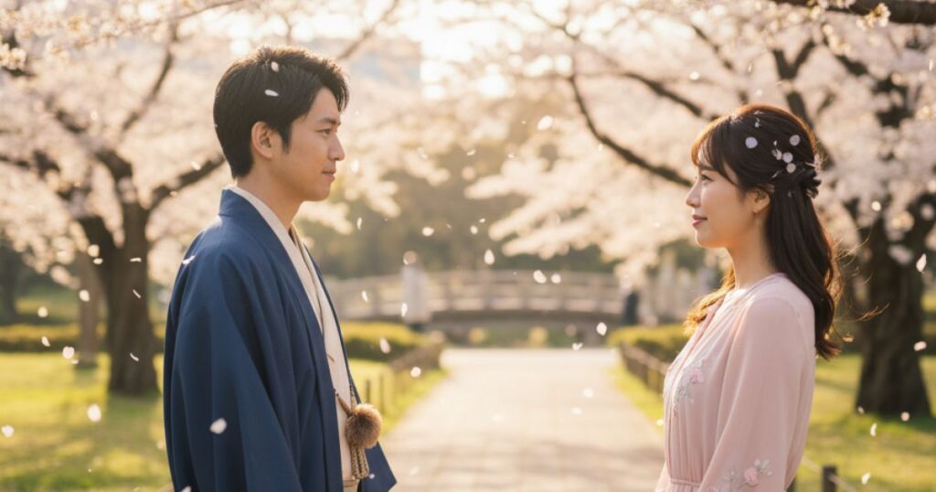 初対面なのに懐かしさを感じるツインレイの出会いを表現した日本人カップルの温かい再会シーン