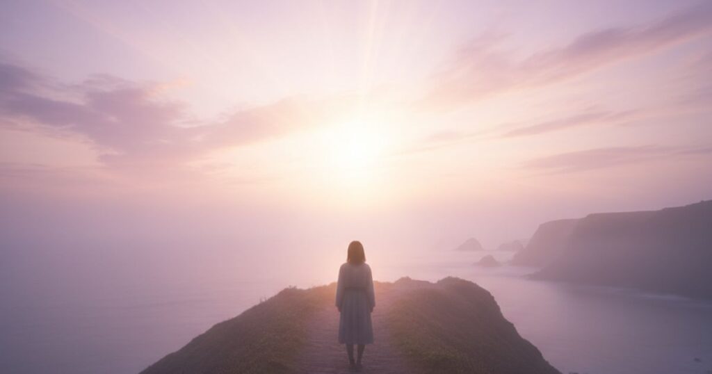 サイレント期間の孤独と魂の成長を象徴する一人の女性の内省的な姿と光の道