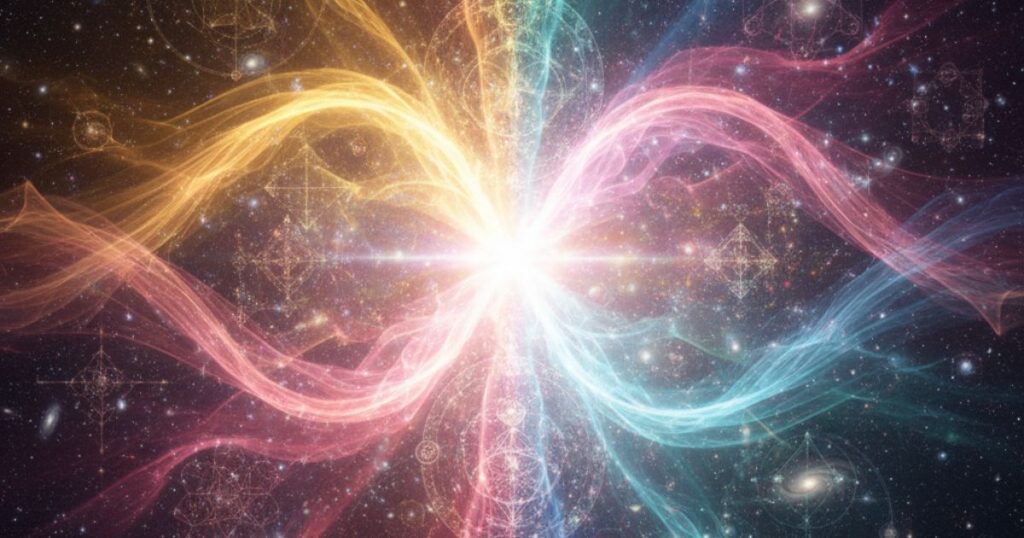 ツインレイの統合と再会を象徴する二つの光が融合し調和する神秘的なスピリチュアルシーン