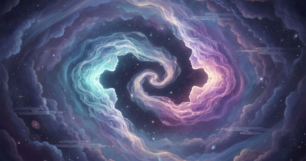 ツインレイの絆を象徴する二人の魂のエネルギーが宇宙空間で向き合う神秘的なイメージ