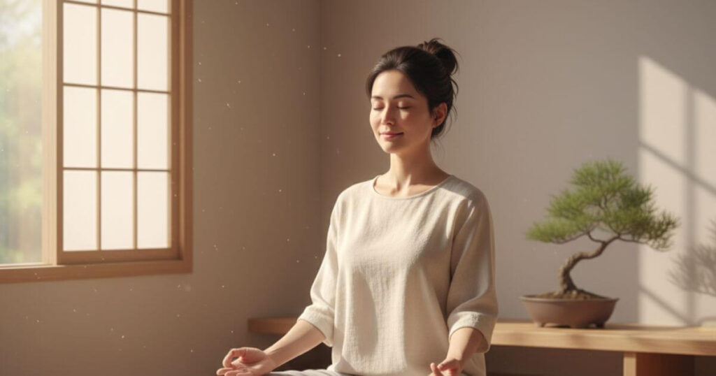 魂の成長段階を象徴する女性が静かに瞑想し内面と向き合う穏やかな情景