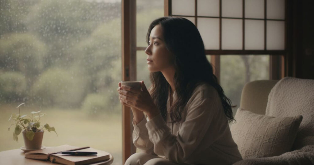 サイレント期間に一人で自己成長に取り組む日本人女性が窓辺で思索にふける様子