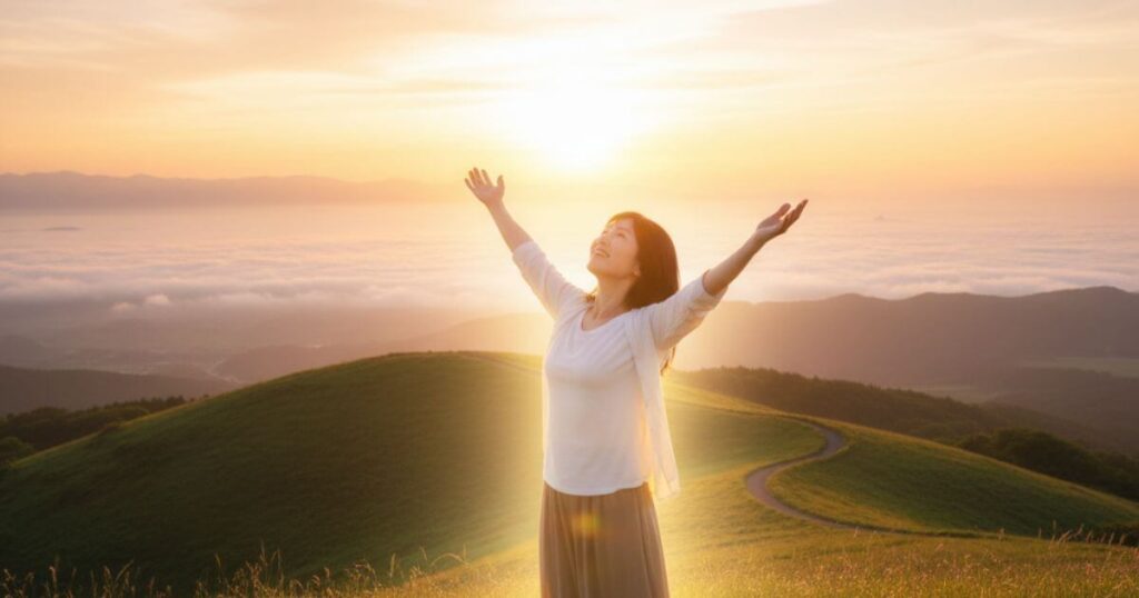 統合の前兆を感じ魂の使命に目覚める女性が朝日を浴びて覚醒する瞬間
