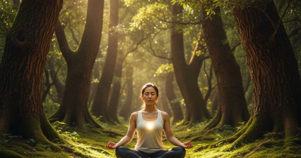 試練を乗り越え魂の成長を遂げるjy女性が自然の中で瞑想し内なる力を高める様子