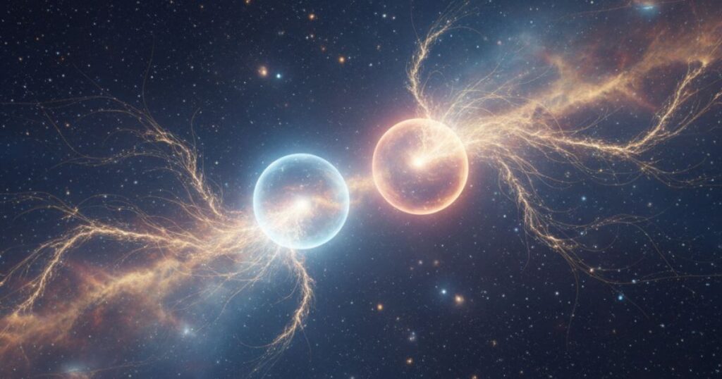 ツインレイの永遠の絆と来世での再会を象徴する希望に満ちた宇宙的な光の情景