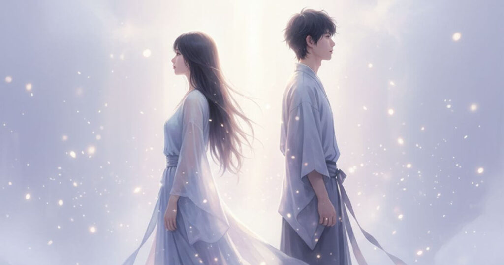 ツインレイと噛み合わない状況を表すカップルが背中合わせに立つスピリチュアルなイメージ