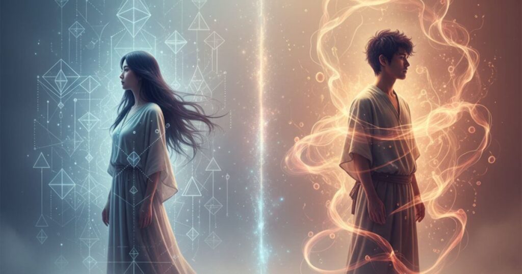 ツインレイの価値観の違いを象徴する対照的な空間に立つ男女のスピリチュアルビジョン