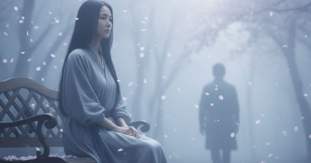 ツインレイのサイレント期間を象徴する一人で内省する日本人女性と離れていく男性のシルエット