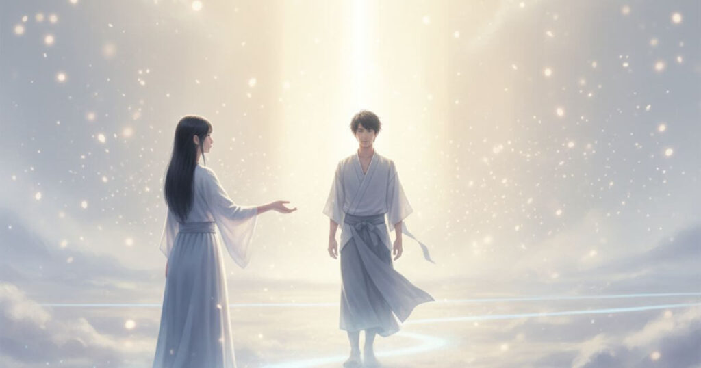 ツインレイのランナーとチェイサーの関係性を表す前に進む男性と手を伸ばす女性