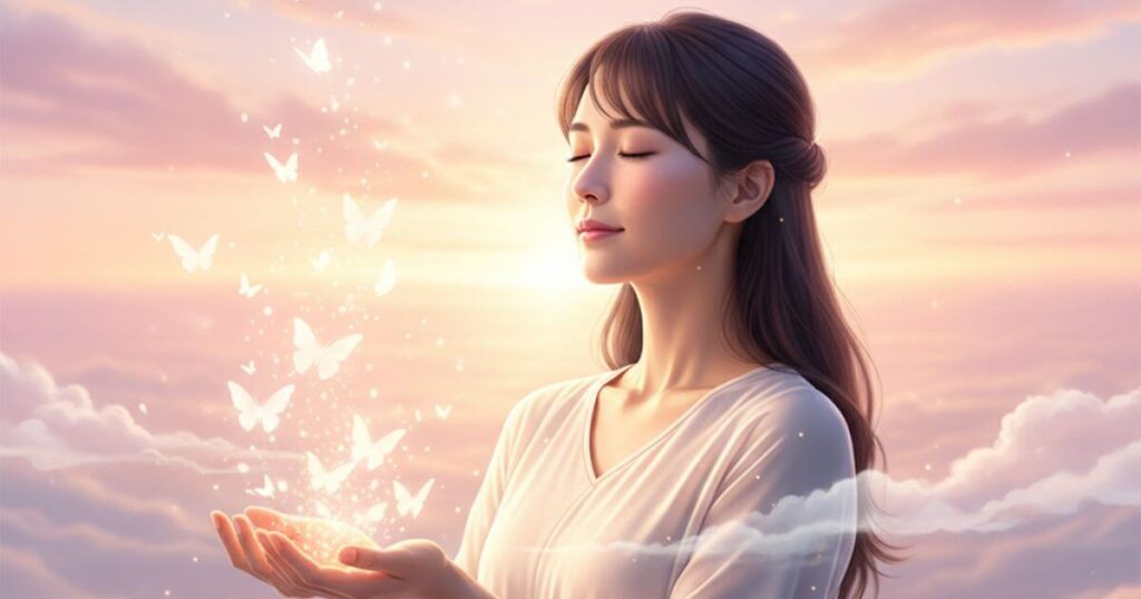 執着を手放すプロセスを象徴する光の粒子を解放する穏やかな表情の女性