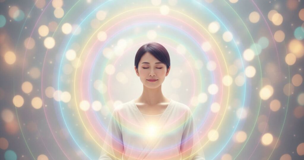 魂の成長を表す瞑想する女性と内側から輝く光のオーラ