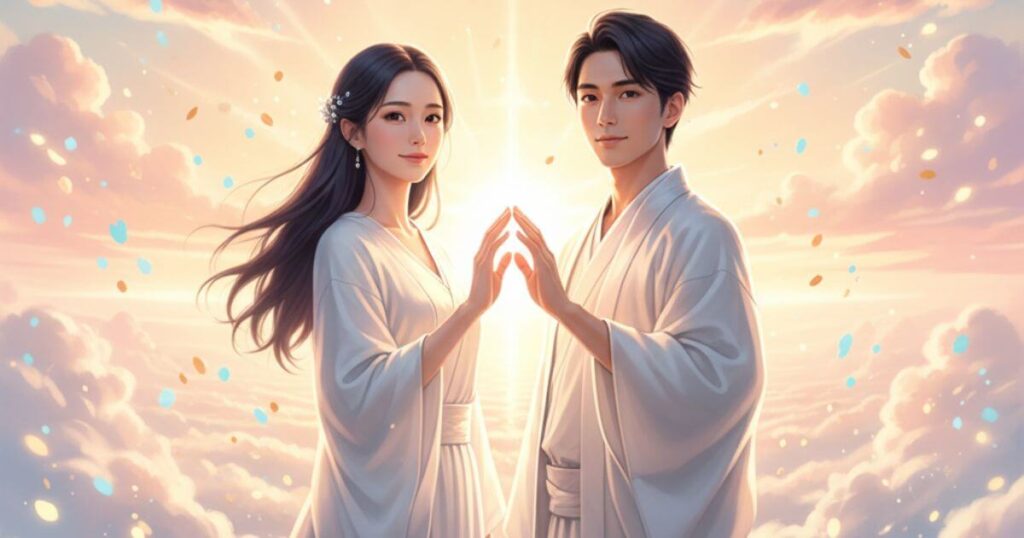 ツインレイの統合を象徴する明るい未来に向かって立つ調和のとれたカップル