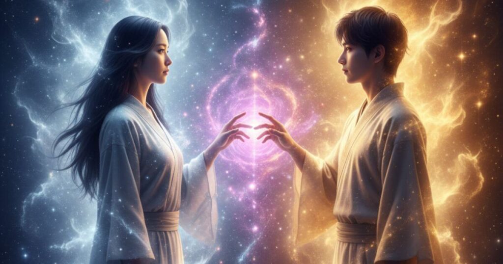 異なるエネルギーフィールドに立つツインレイのカップルが調和へ向かう過程を表現したスピリチュアルアート