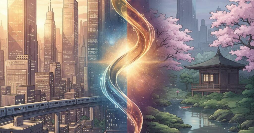 ツインレイの真逆の人生を象徴する対照的な二つの道と魂の繋がりを表現したスピリチュアルイメージ