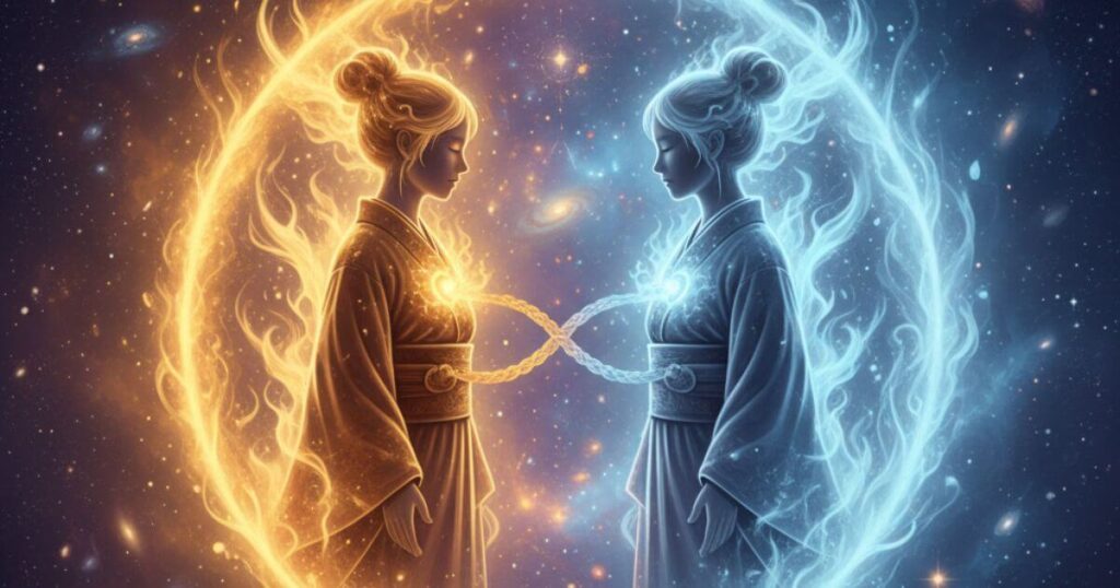 魂の片割れであるツインレイの陰陽のエネルギーバランスと深い絆を表現したスピリチュアルアート