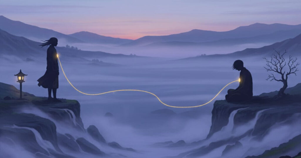 ツインレイのサイレント期間における分離と孤独を表現した遠距離の男女のシルエット