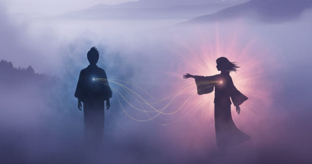 ツインレイのランナーとチェイサーの役割を表現した対照的な方向を向く男女のイメージ