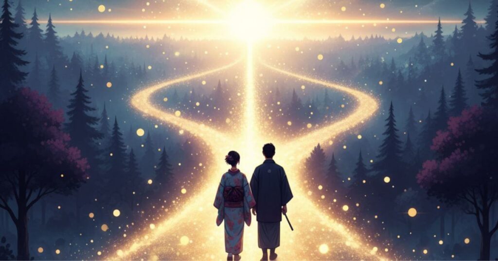 ツインレイの統合に向けて光の道を歩む男女の後ろ姿と魂の成長を表現したイメージ