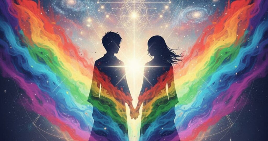 ツインレイの統合後の共同使命と宇宙的な繋がりを表現した調和した男女のシルエット