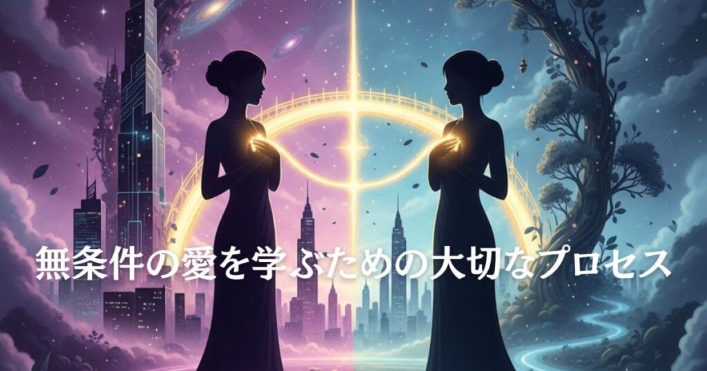 ツインレイの真逆の人生を表現したスピリチュアルイメージ。都市の成功と自然の精神性が中央で繋がる二つの黄金の魂のエネルギーで統合される様子