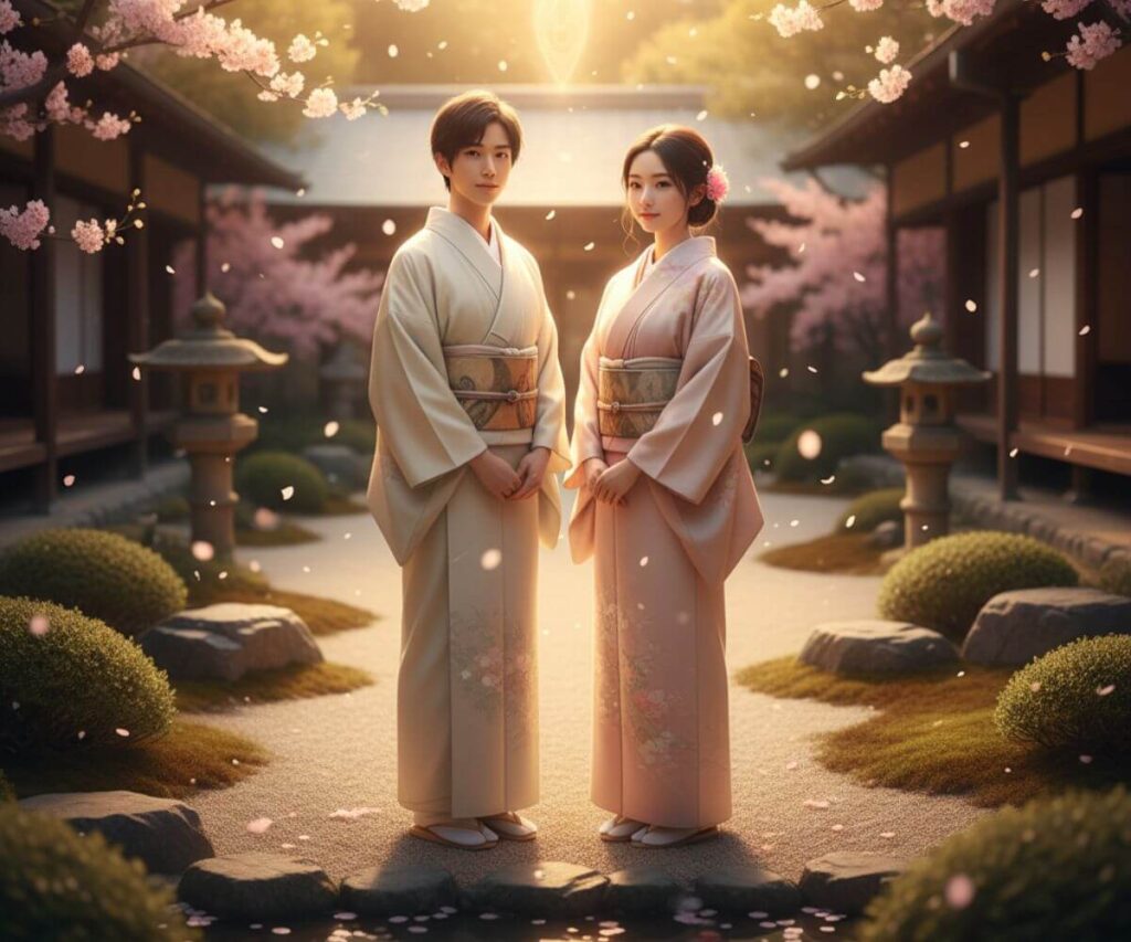 ツインレイの顔が似てる様子を表現した二人の男女が向き合う神秘的な光景