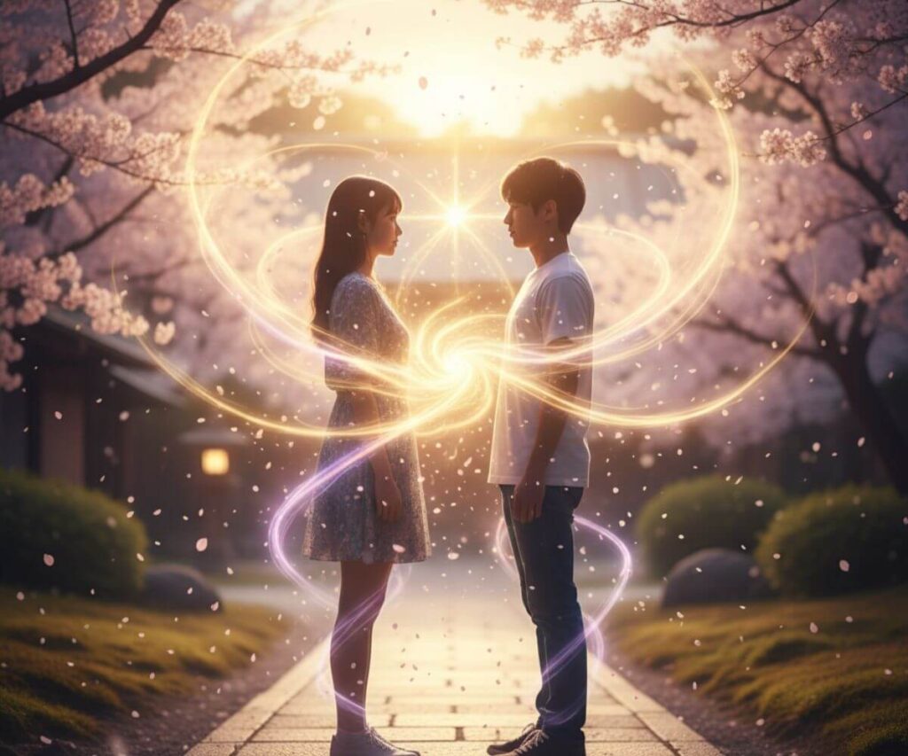 ツインレイのオーラや波動が似てる様子を表現した男女の神秘的なエネルギー