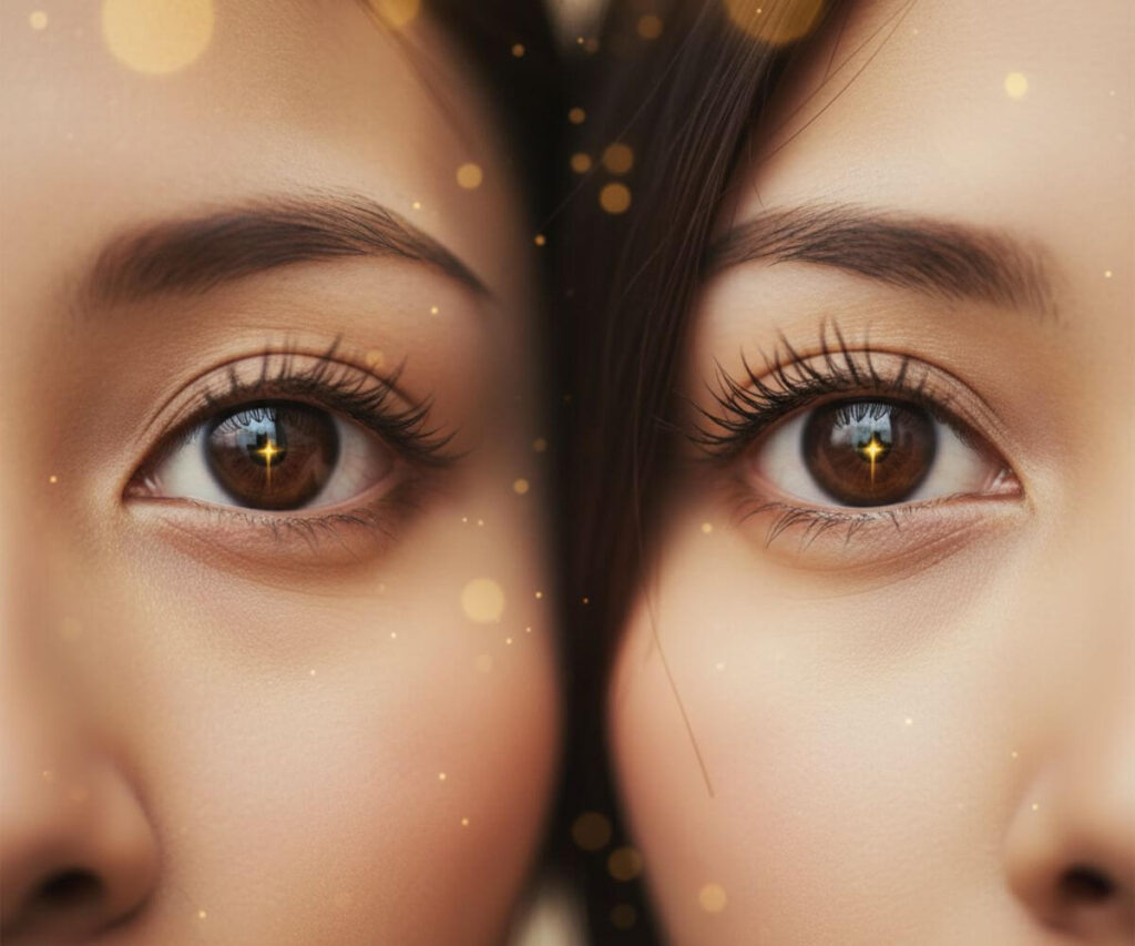 ツインレイの目や瞳が似てる特徴を表現した魂の窓としての瞳のクローズアップ