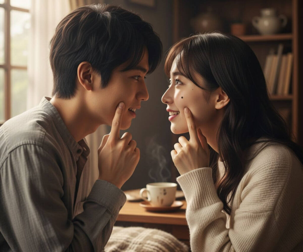 ツインレイのホクロの位置が同じであることを確認し合うカップル