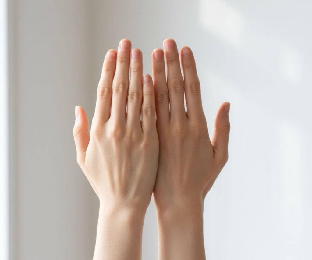 ツインレイの手の形や爪が似てることを比較している日本人の手のクローズアップ