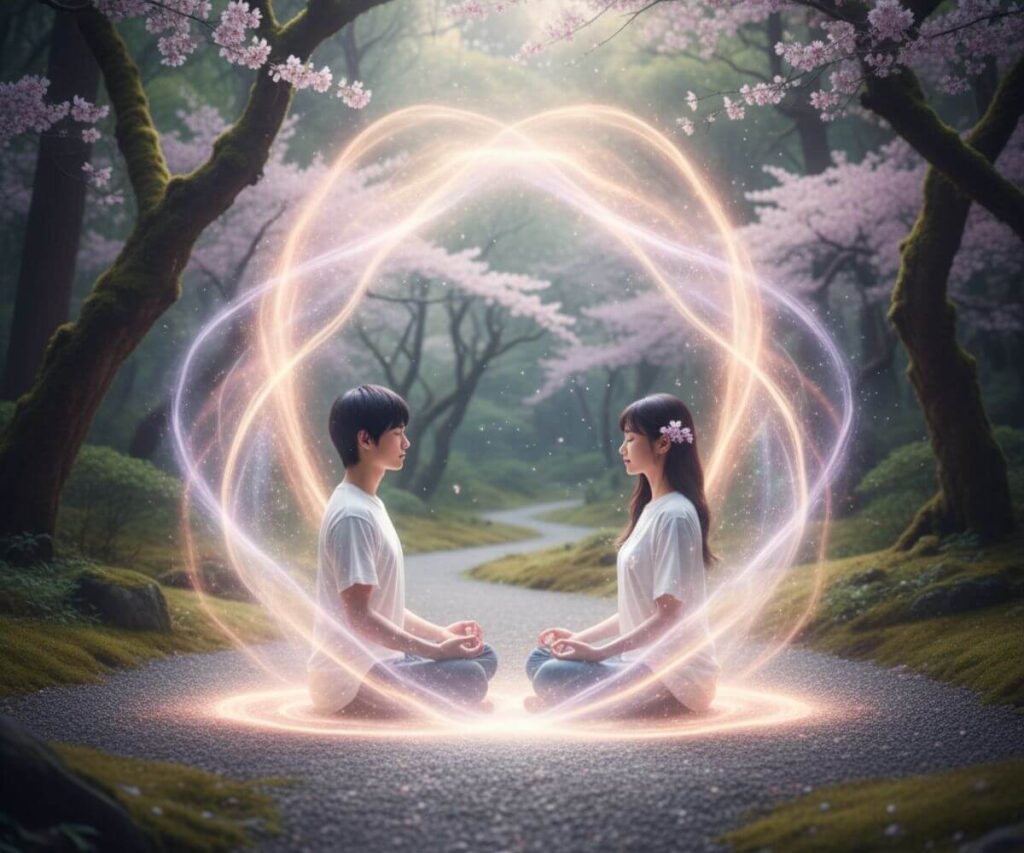 ツインレイのオーラや波動が似てる様子を表現した調和的なエネルギーに包まれるカップル