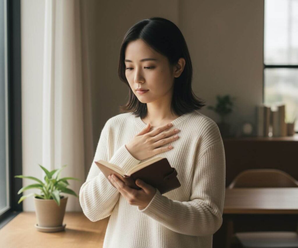 ツインレイの顔が似てるかどうかを見分ける方法を考える女性の真剣な表情